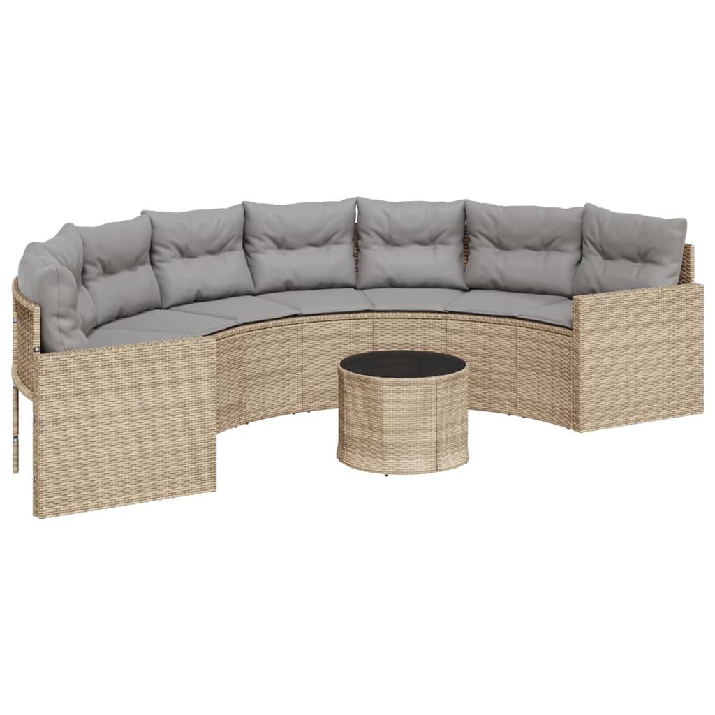 vidaXL Sofa ogrodowa, stolik i poduszki, półokrągła, beżowy rattan PE