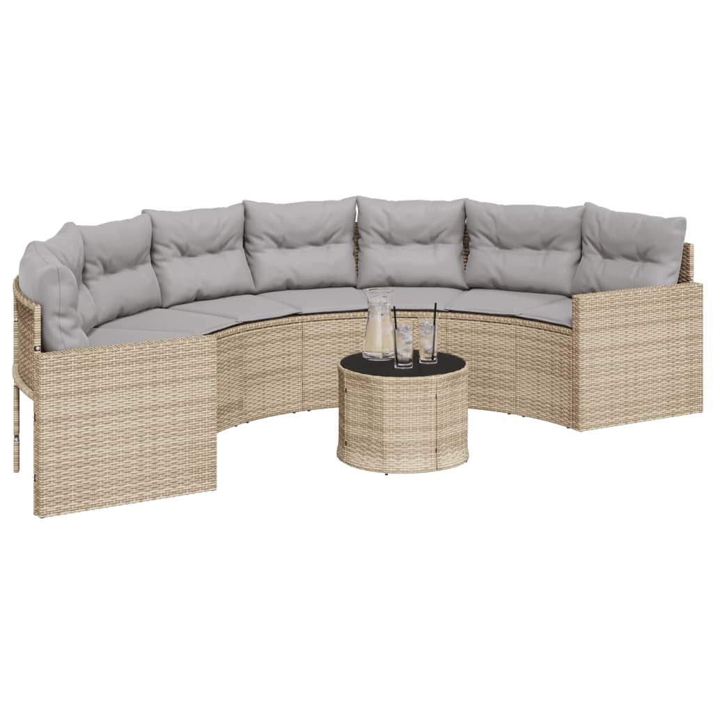 vidaXL Sofa ogrodowa, stolik i poduszki, półokrągła, beżowy rattan PE