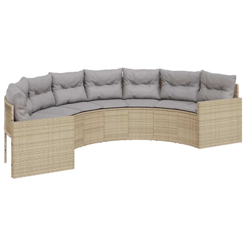 vidaXL Sofa ogrodowa, stolik i poduszki, półokrągła, beżowy rattan PE