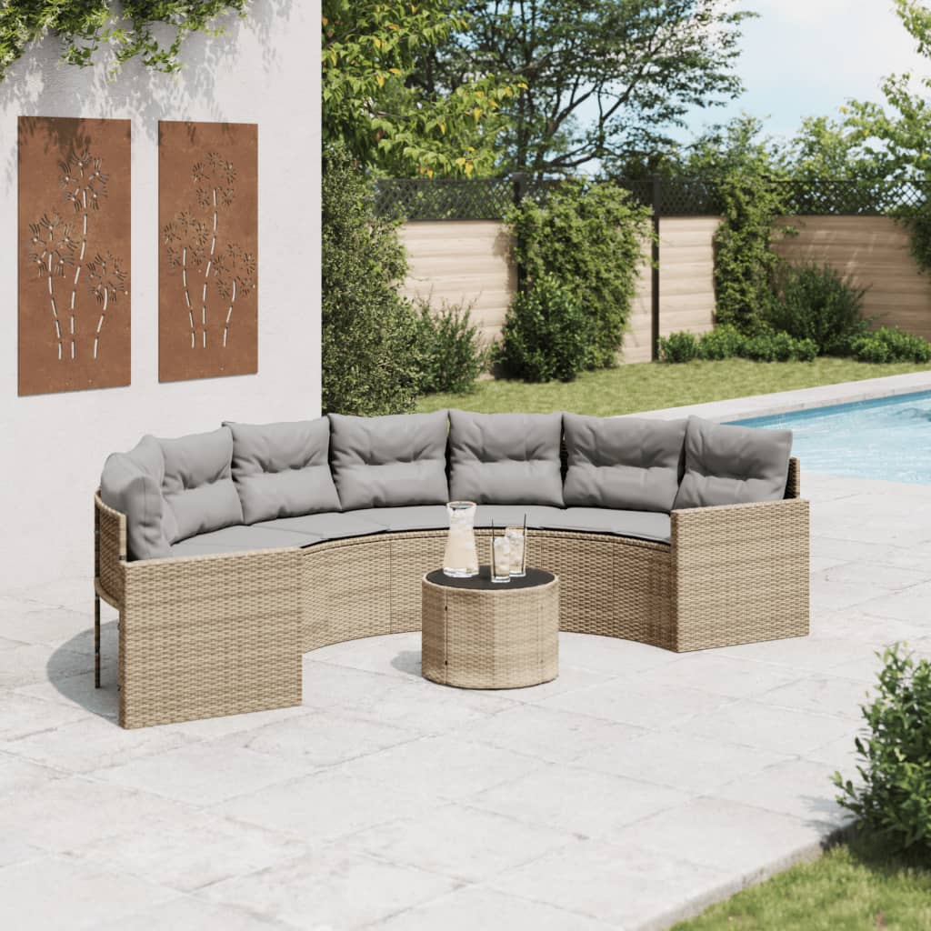 vidaXL Sofa ogrodowa, stolik i poduszki, półokrągła, beżowy rattan PE