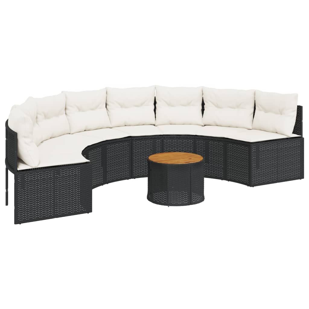 vidaXL Sofa ogrodowa, stolik i poduszki, półokrągła, czarny rattan PE