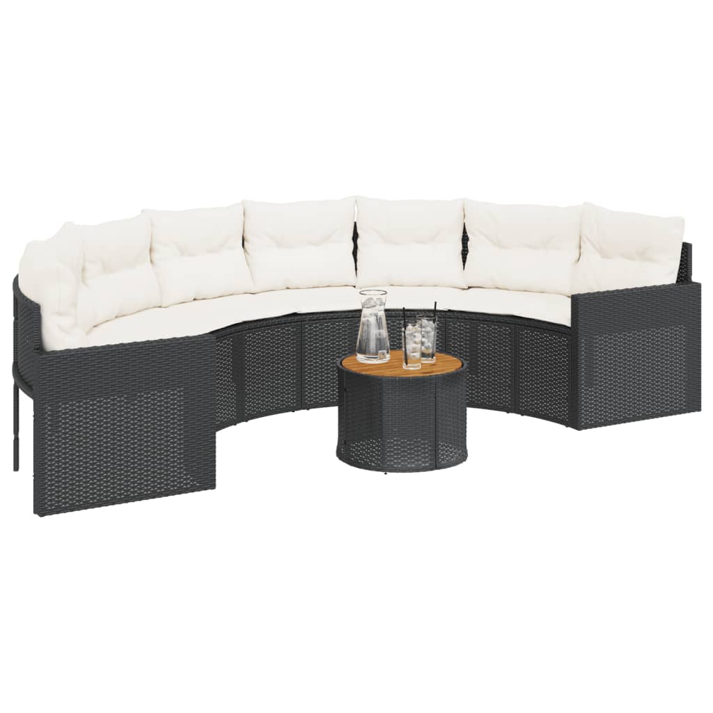 vidaXL Sofa ogrodowa, stolik i poduszki, półokrągła, czarny rattan PE