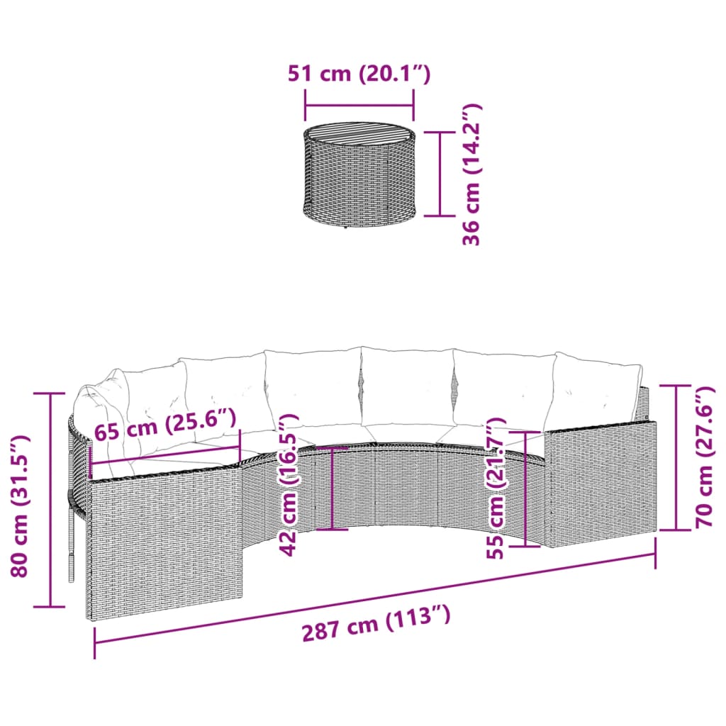 vidaXL Sofa ogrodowa, stolik i poduszki, półokrągła, czarny rattan PE