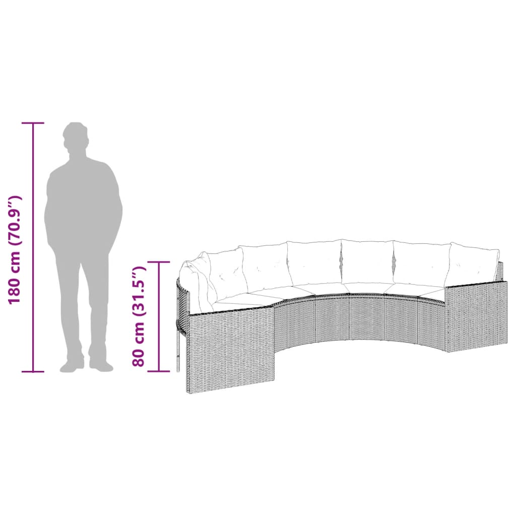 vidaXL Sofa ogrodowa, stolik i poduszki, półokrągła, czarny rattan PE