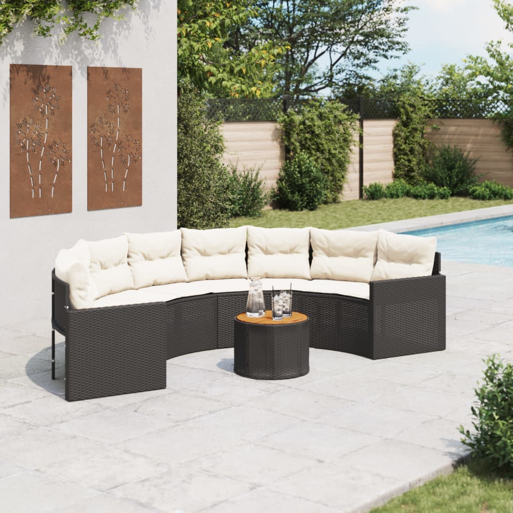 vidaXL Sofa ogrodowa, stolik i poduszki, półokrągła, czarny rattan PE
