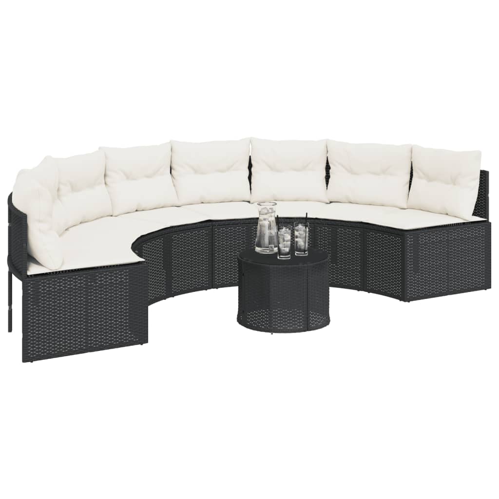 vidaXL Sofa ogrodowa z poduszkami, półokrągła, czarny rattan PE