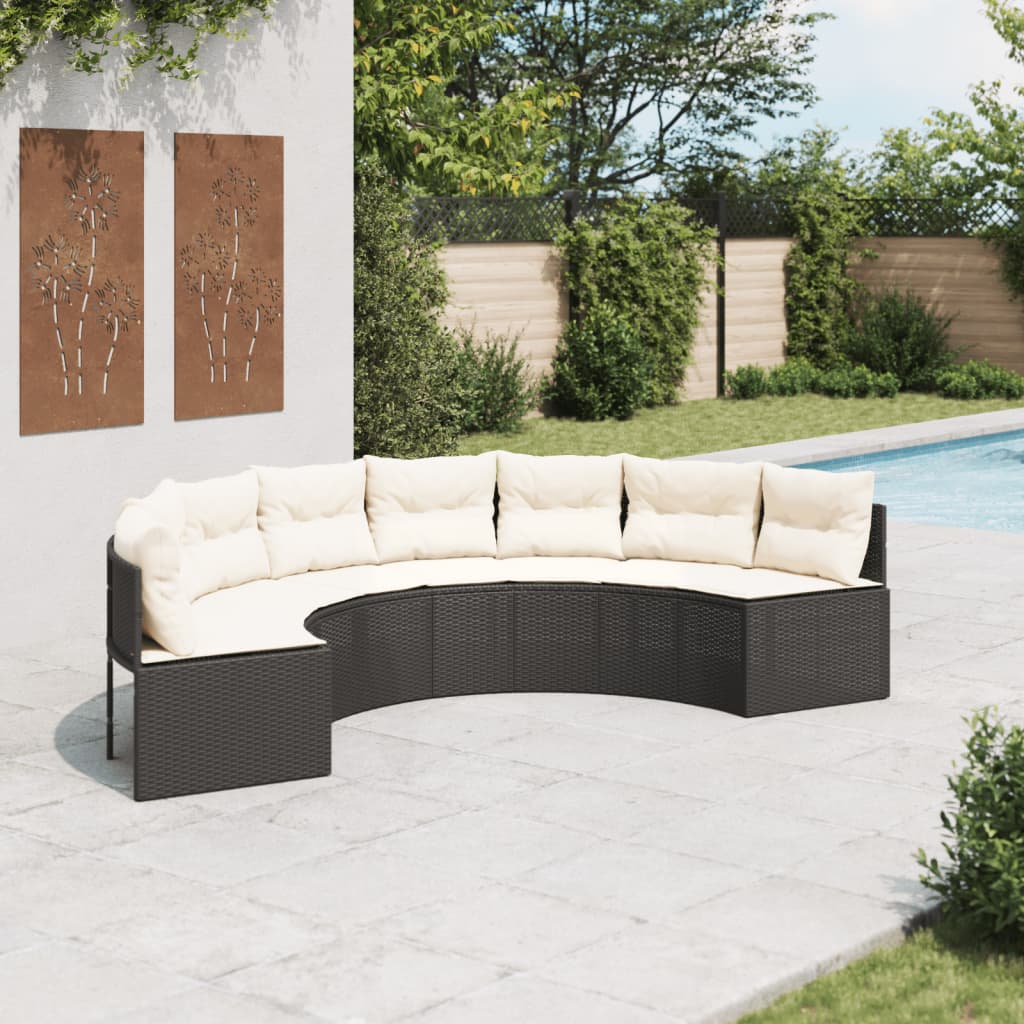 vidaXL Sofa ogrodowa z poduszkami, półokrągła, czarny rattan PE