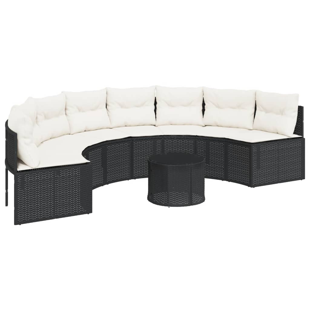 vidaXL Sofa ogrodowa, stolik i poduszki, półokrągła, czarny rattan PE