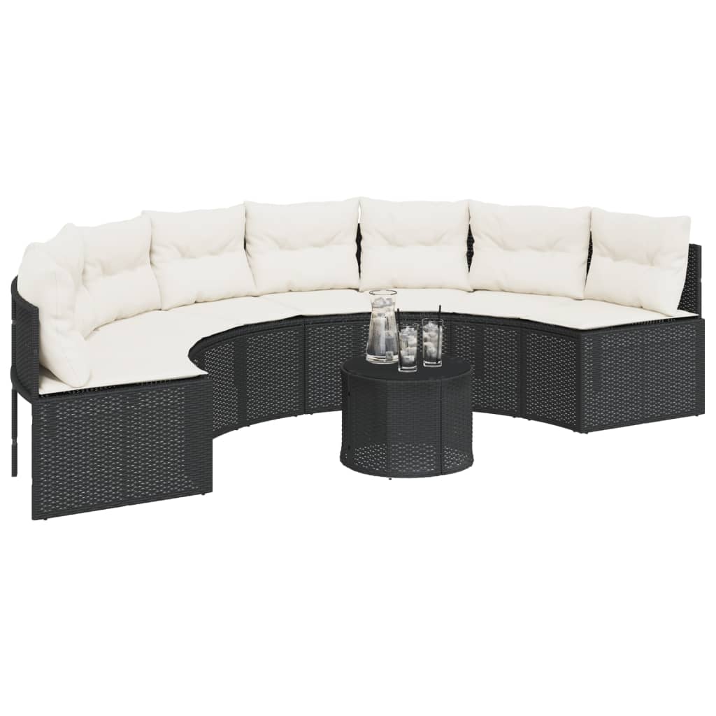 vidaXL Sofa ogrodowa, stolik i poduszki, półokrągła, czarny rattan PE