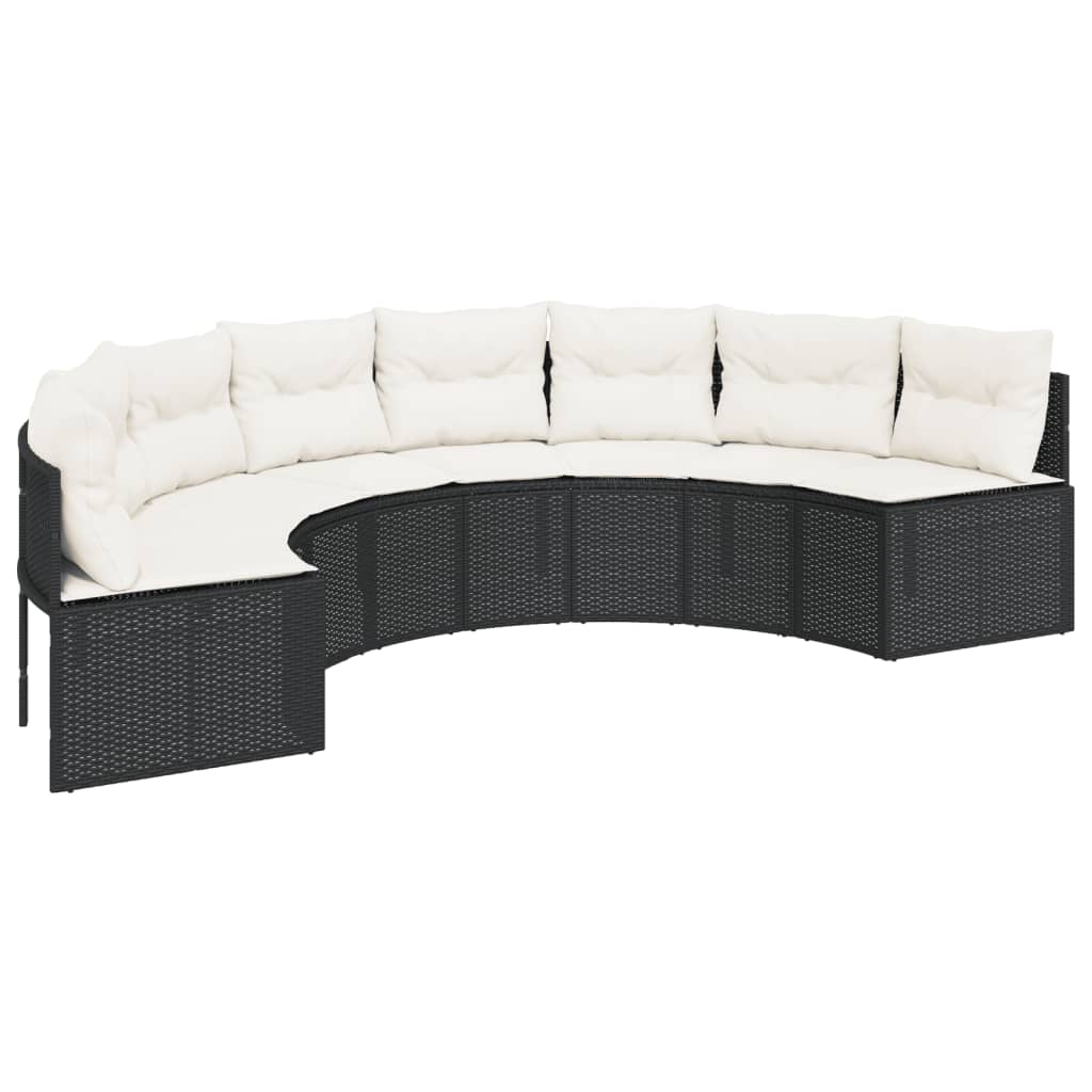 vidaXL Sofa ogrodowa, stolik i poduszki, półokrągła, czarny rattan PE