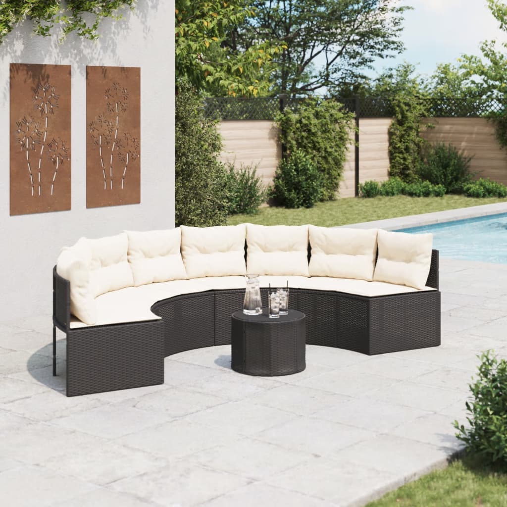 vidaXL Sofa ogrodowa, stolik i poduszki, półokrągła, czarny rattan PE