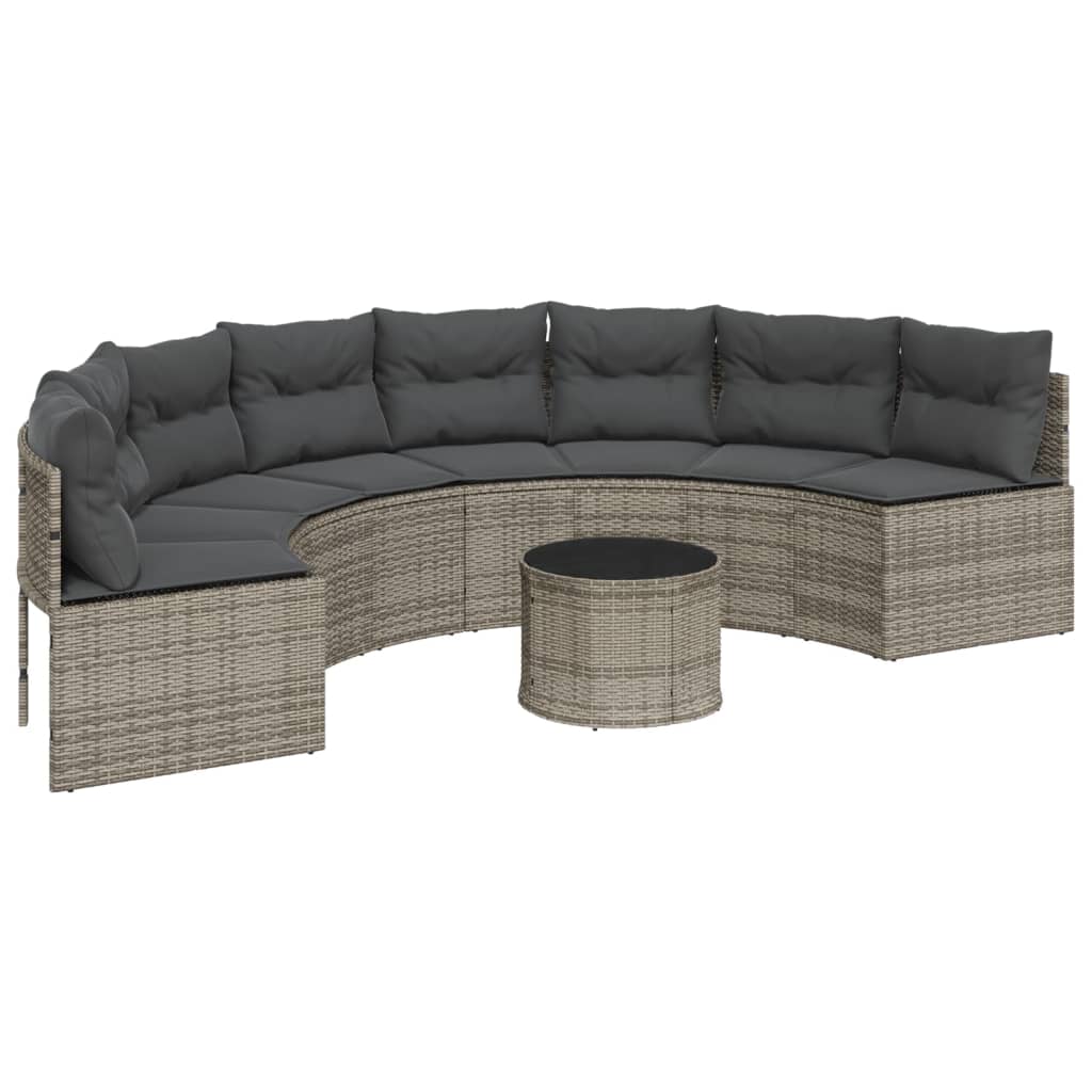 vidaXL Sofa ogrodowa, stolik i poduszki, półokrągła, szary rattan PE