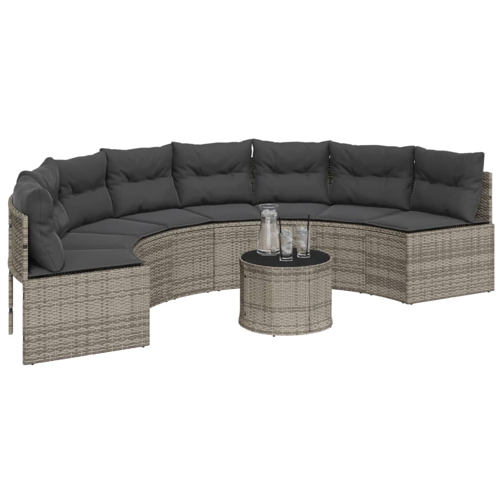vidaXL Sofa ogrodowa, stolik i poduszki, półokrągła, szary rattan PE