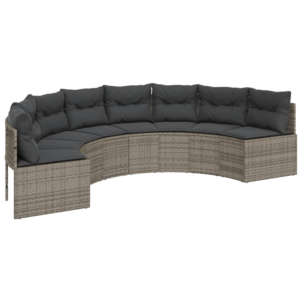 vidaXL Sofa ogrodowa, stolik i poduszki, półokrągła, szary rattan PE