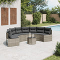 vidaXL Sofa ogrodowa, stolik i poduszki, półokrągła, szary rattan PE