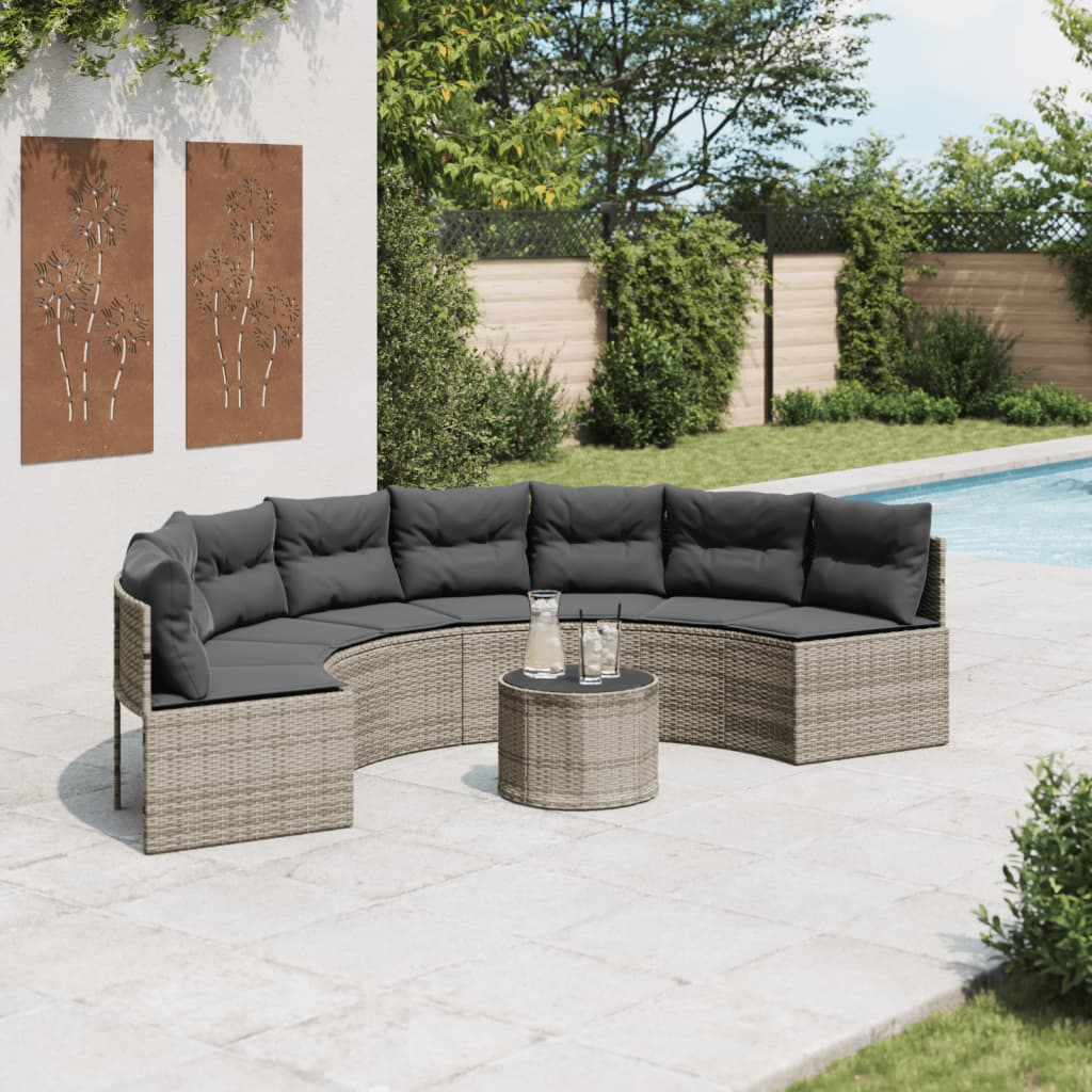 vidaXL Sofa ogrodowa, stolik i poduszki, półokrągła, szary rattan PE