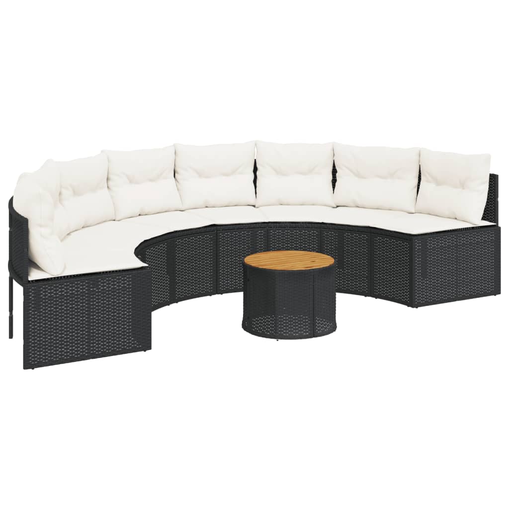 vidaXL Sofa ogrodowa, stolik i poduszki, półokrągła, czarny rattan PE