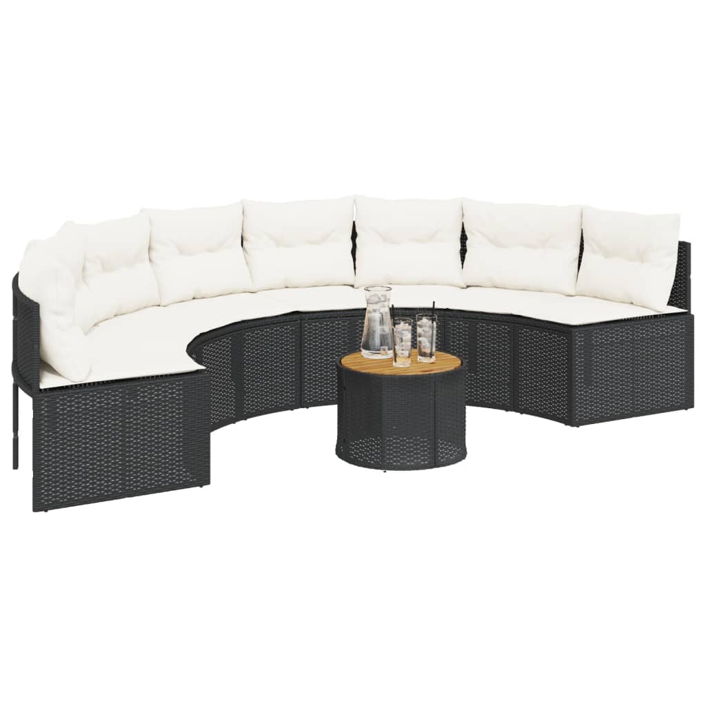 vidaXL Sofa ogrodowa, stolik i poduszki, półokrągła, czarny rattan PE