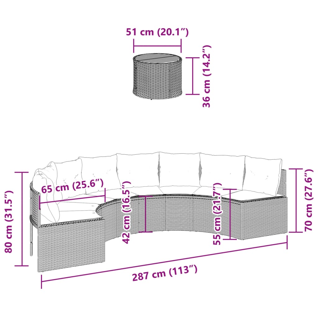 vidaXL Sofa ogrodowa, stolik i poduszki, półokrągła, czarny rattan PE