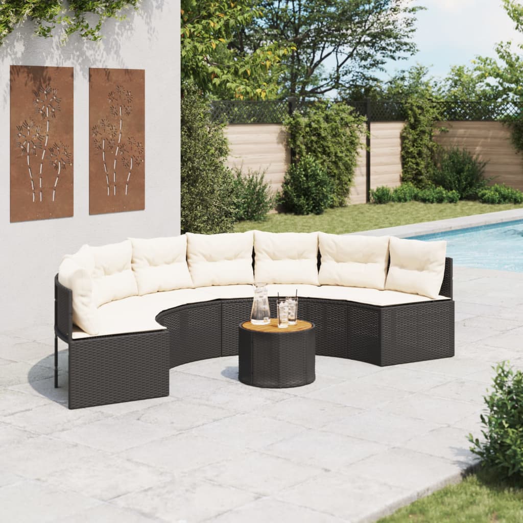 vidaXL Sofa ogrodowa, stolik i poduszki, półokrągła, czarny rattan PE
