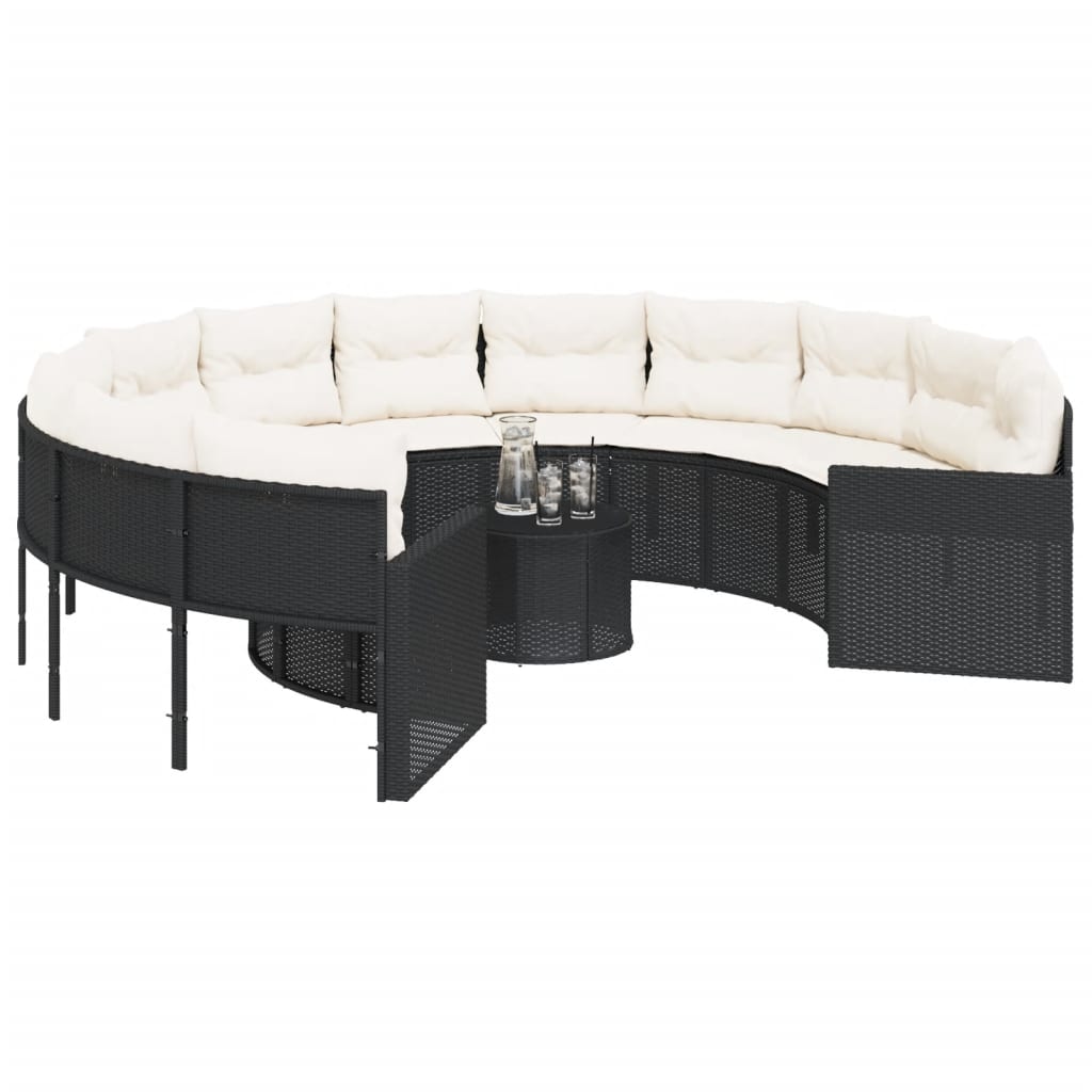 vidaXL Sofa ogrodowa, stolik i poduszki, okrągła, czarny rattan PE