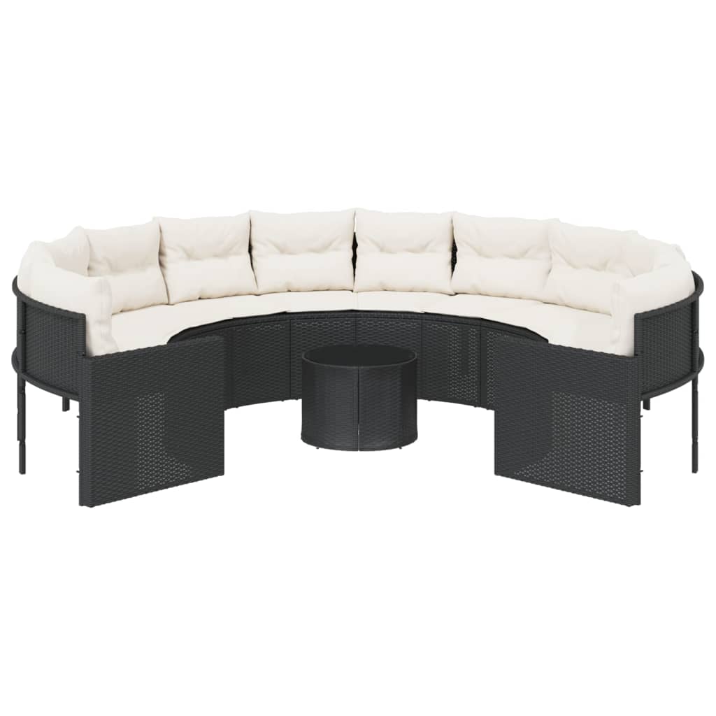 vidaXL Sofa ogrodowa, stolik i poduszki, okrągła, czarny rattan PE