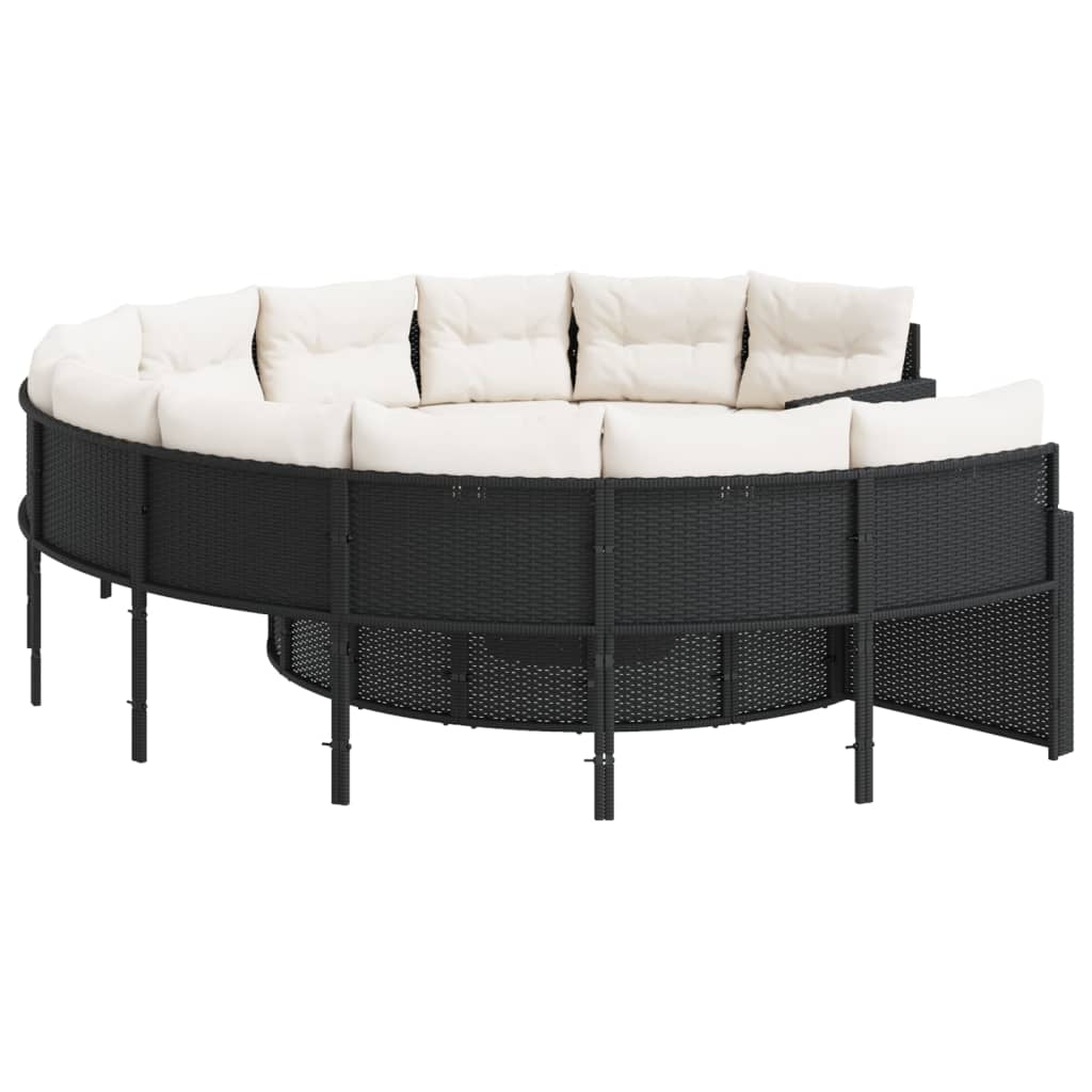 vidaXL Sofa ogrodowa, stolik i poduszki, okrągła, czarny rattan PE