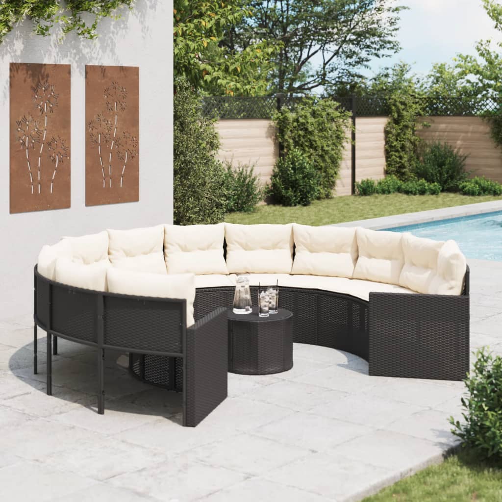 vidaXL Sofa ogrodowa, stolik i poduszki, okrągła, czarny rattan PE