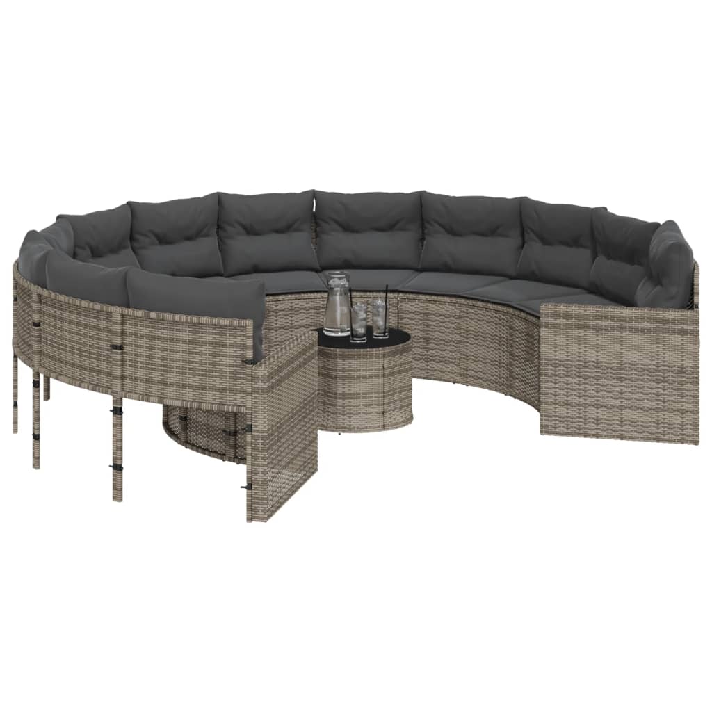 vidaXL Sofa ogrodowa, stolik i poduszki, okrągła, szary rattan PE