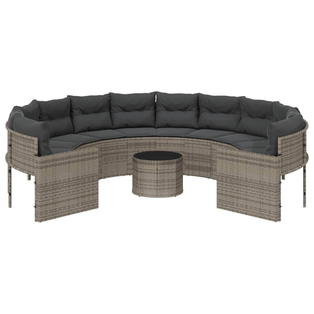 vidaXL Sofa ogrodowa, stolik i poduszki, okrągła, szary rattan PE