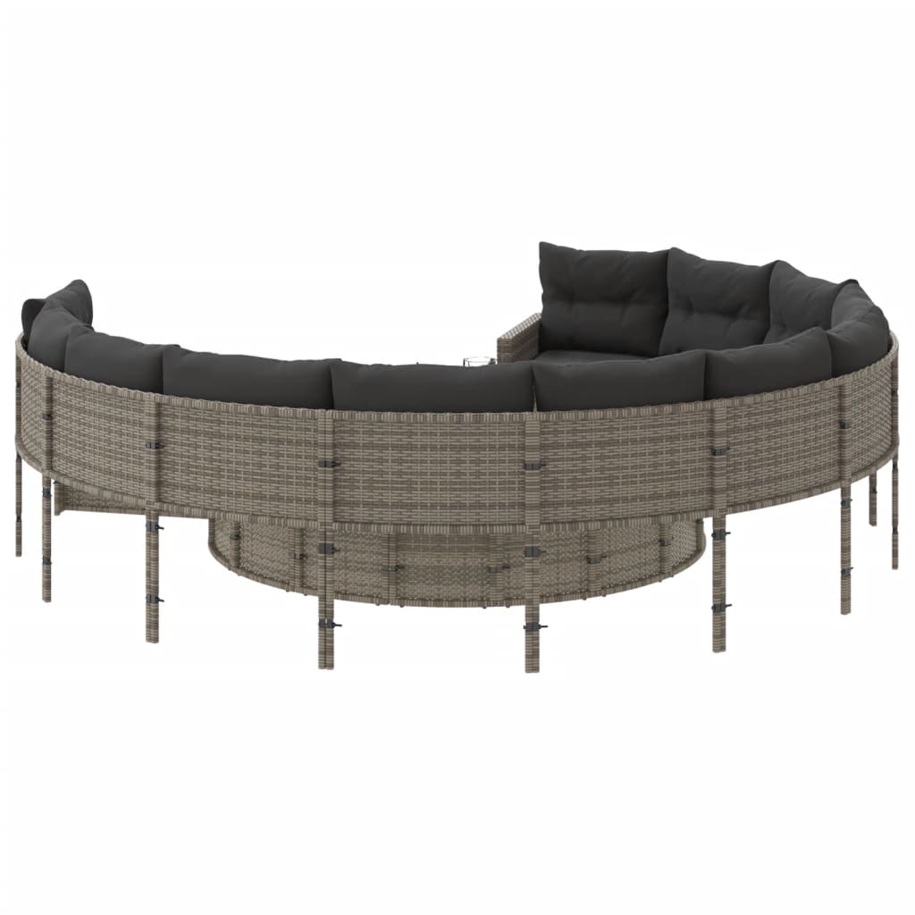 vidaXL Sofa ogrodowa, stolik i poduszki, okrągła, szary rattan PE