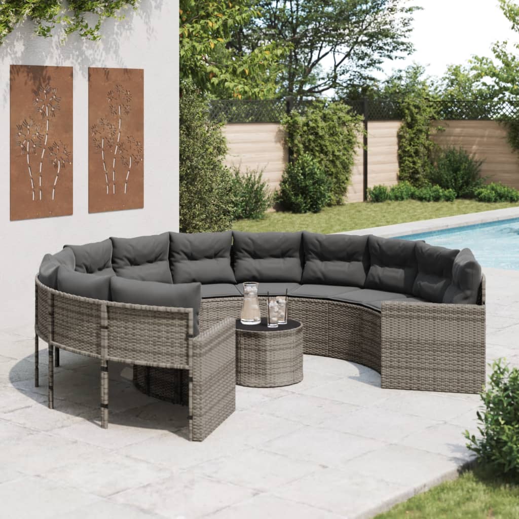 vidaXL Sofa ogrodowa, stolik i poduszki, okrągła, szary rattan PE