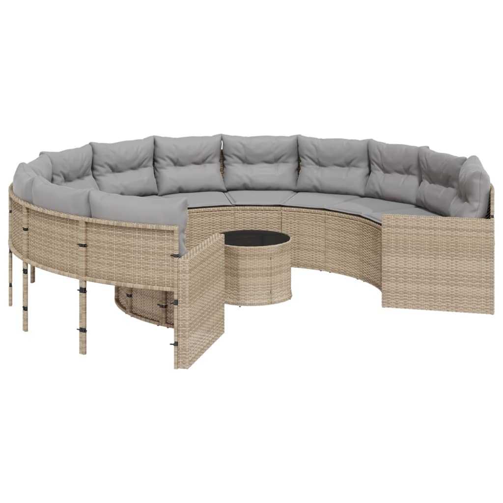 vidaXL Sofa ogrodowa, stolik i poduszki, okrągła, beżowy rattan PE