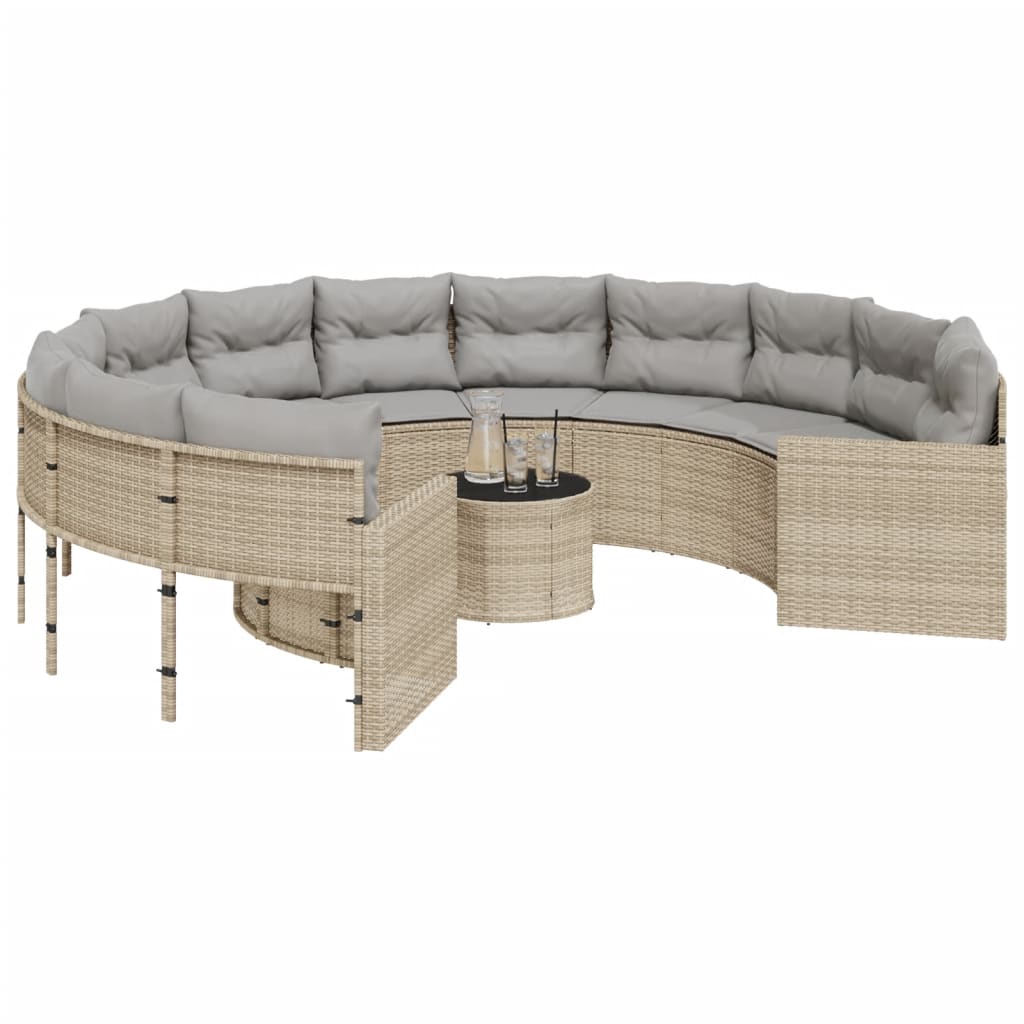 vidaXL Sofa ogrodowa, stolik i poduszki, okrągła, beżowy rattan PE