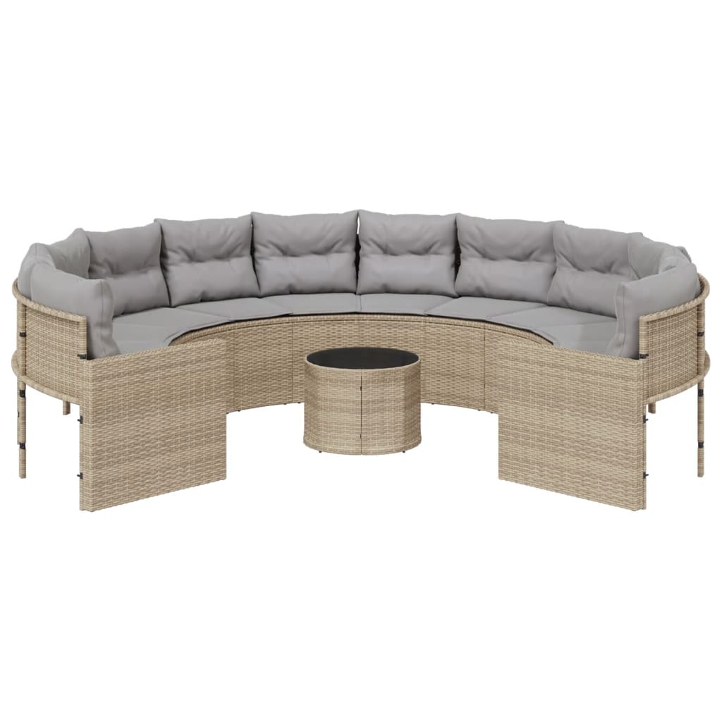 vidaXL Sofa ogrodowa, stolik i poduszki, okrągła, beżowy rattan PE