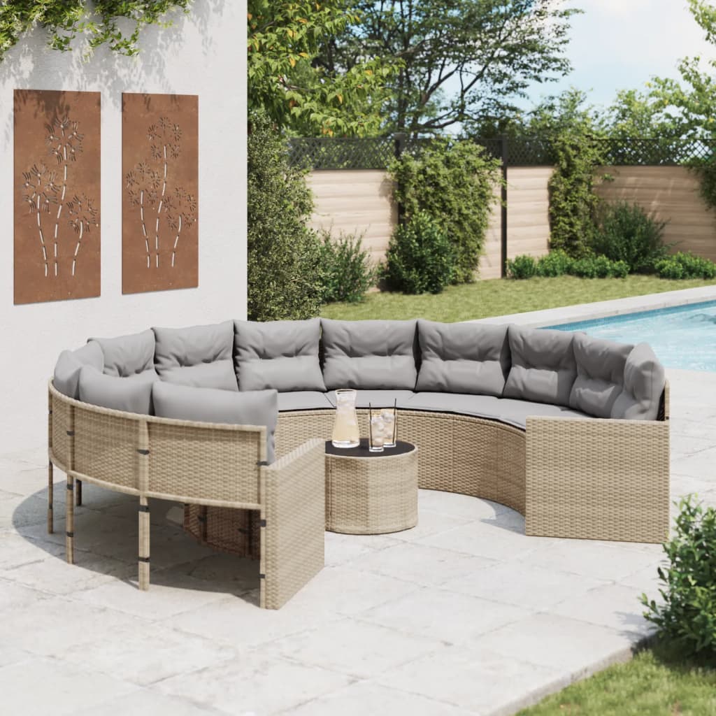 vidaXL Sofa ogrodowa, stolik i poduszki, okrągła, beżowy rattan PE