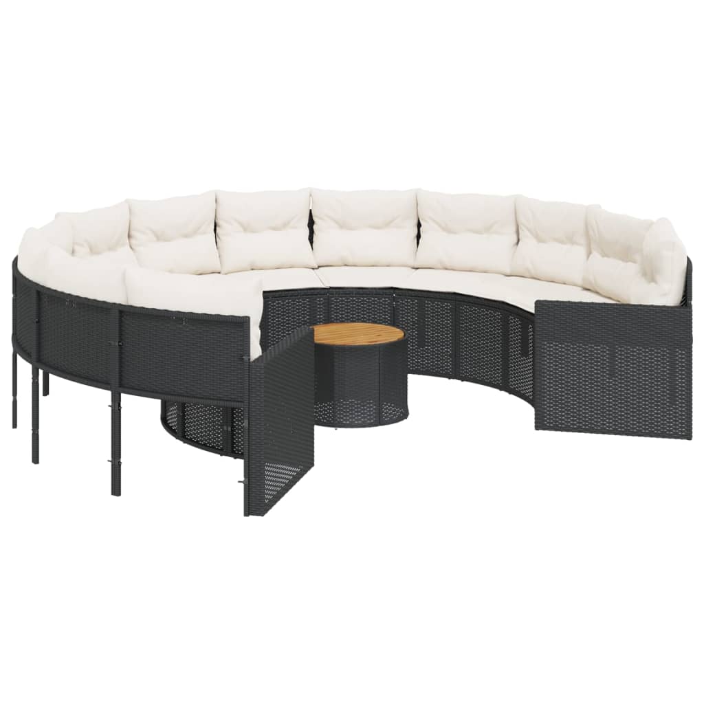 vidaXL Sofa ogrodowa, stolik i poduszki, okrągła, czarny rattan PE