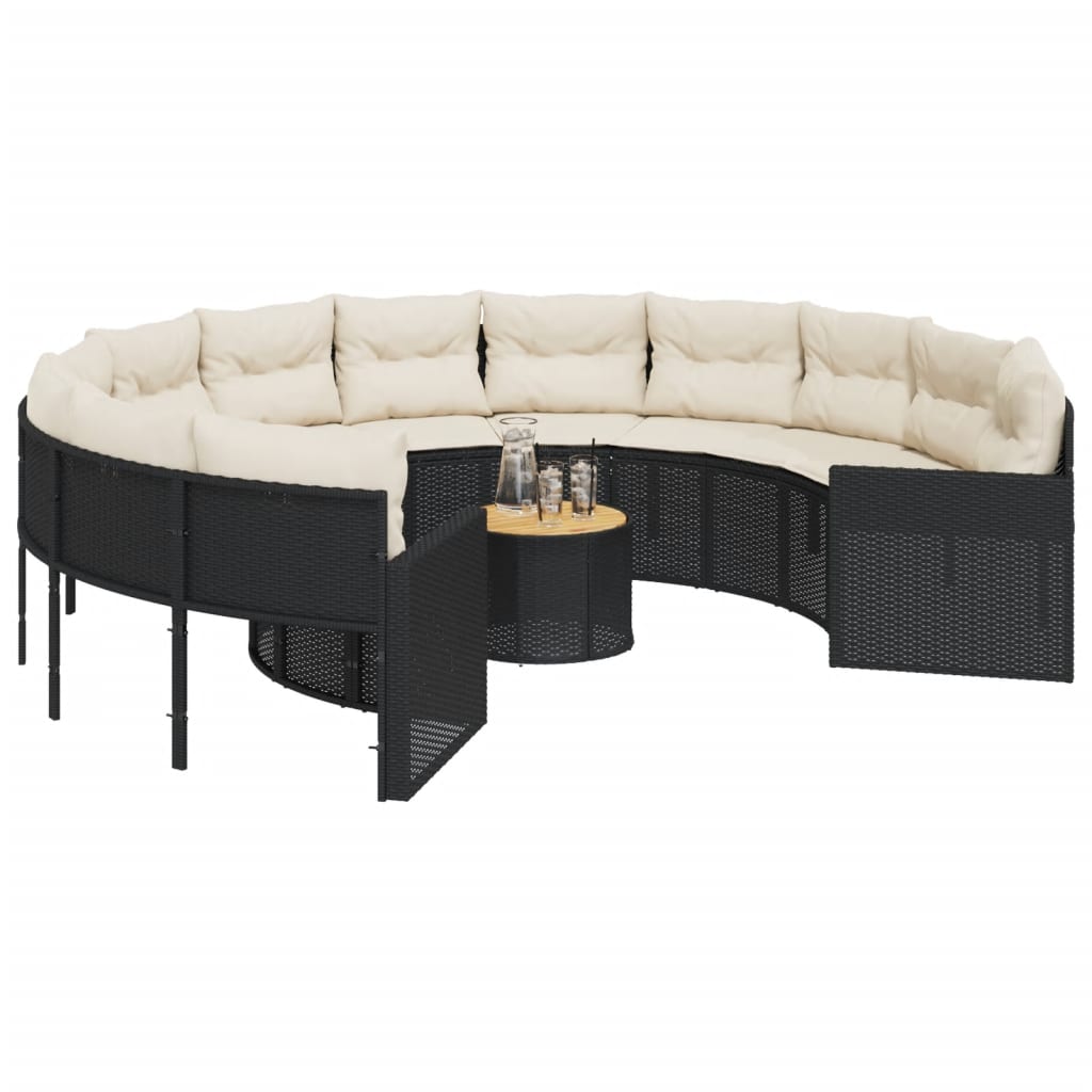 vidaXL Sofa ogrodowa, stolik i poduszki, okrągła, czarny rattan PE