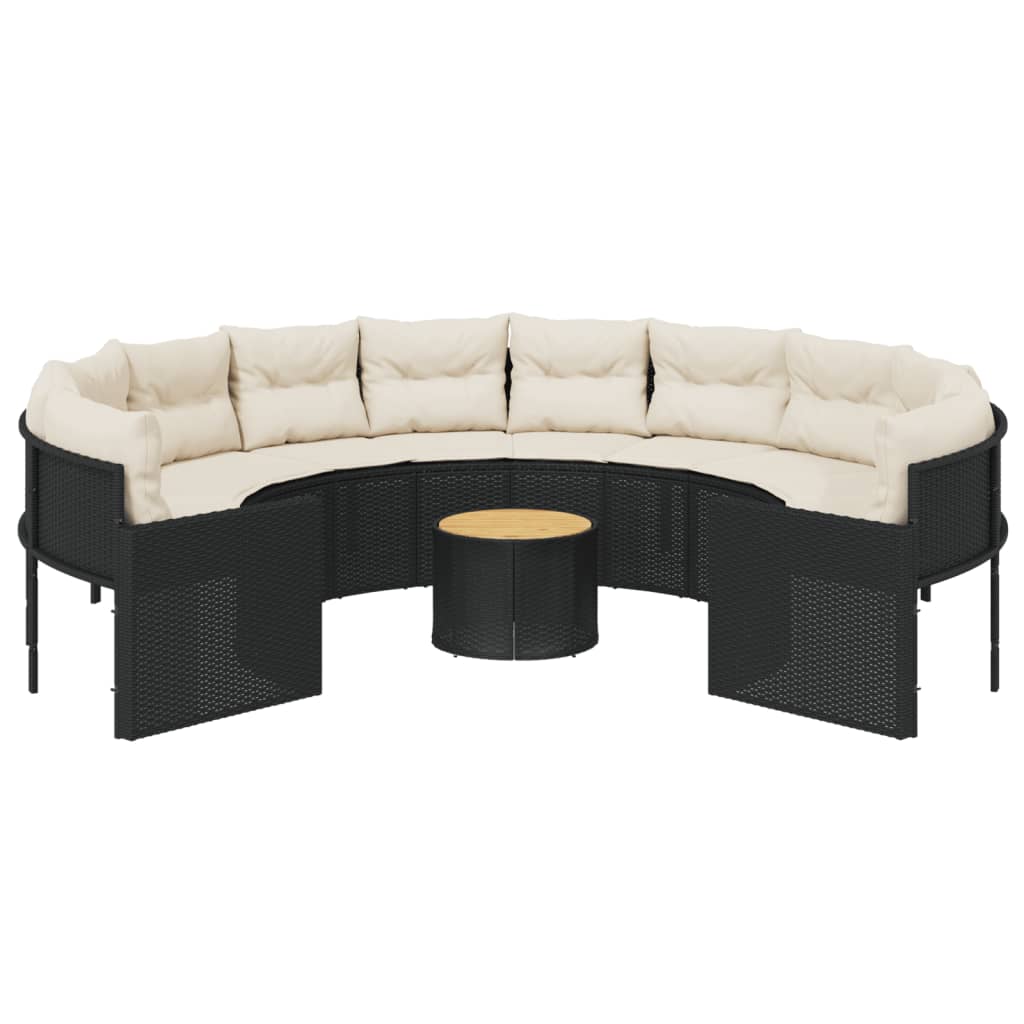 vidaXL Sofa ogrodowa, stolik i poduszki, okrągła, czarny rattan PE