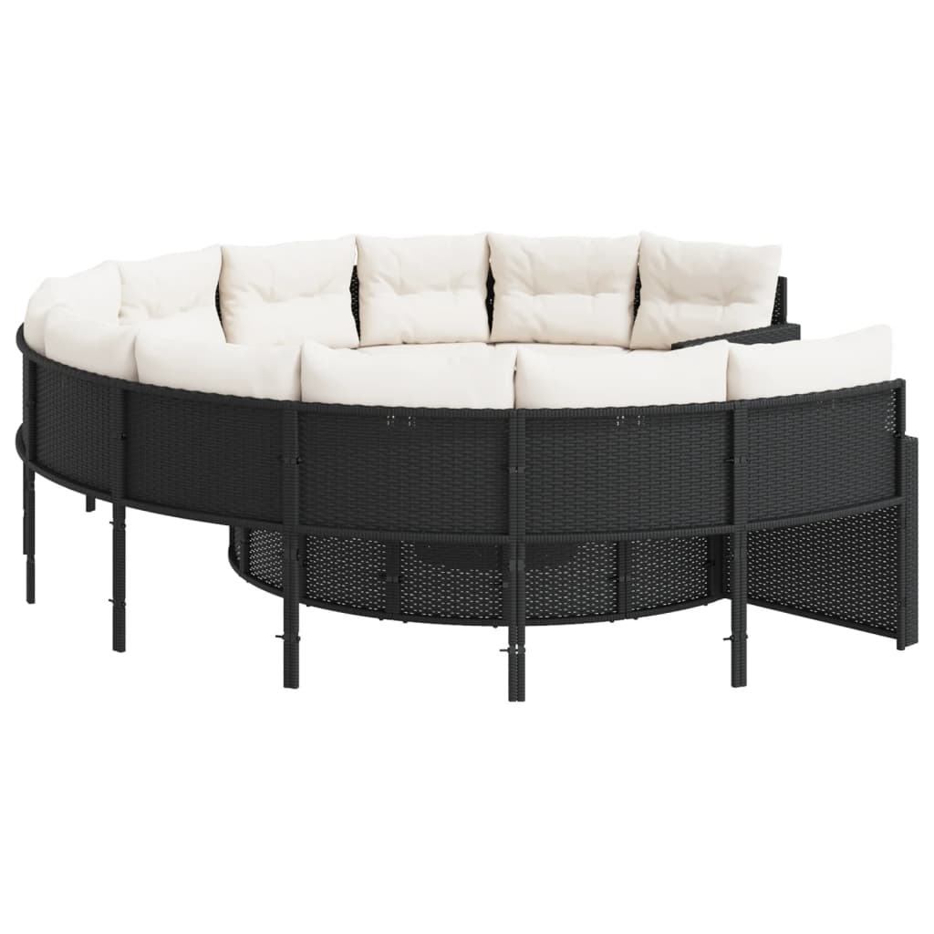 vidaXL Sofa ogrodowa, stolik i poduszki, okrągła, czarny rattan PE