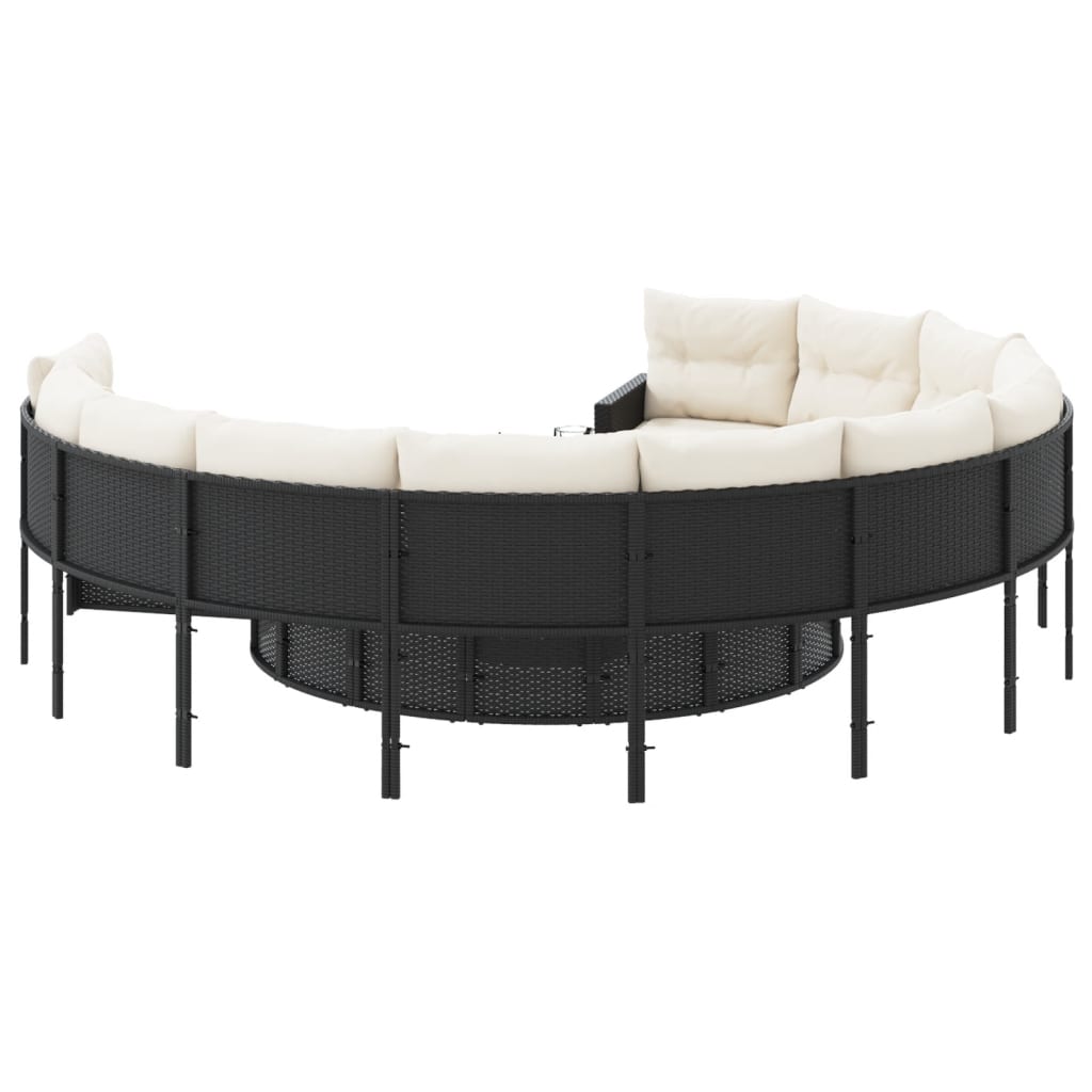 vidaXL Sofa ogrodowa, stolik i poduszki, okrągła, czarny rattan PE