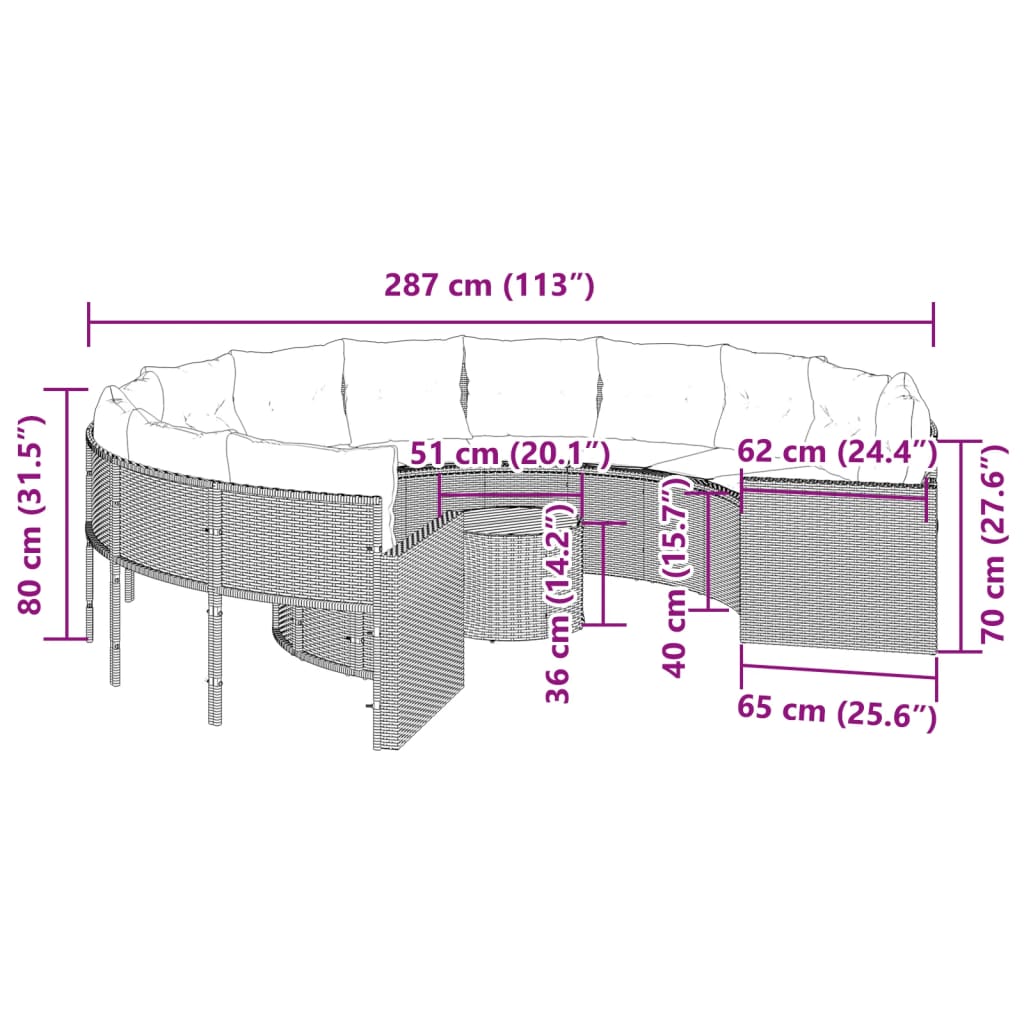 vidaXL Sofa ogrodowa, stolik i poduszki, okrągła, czarny rattan PE