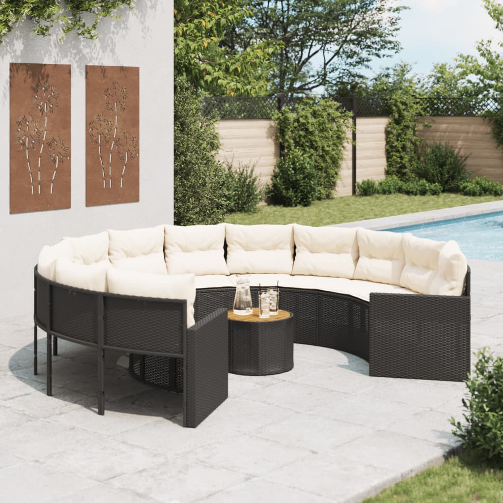 vidaXL Sofa ogrodowa, stolik i poduszki, okrągła, czarny rattan PE