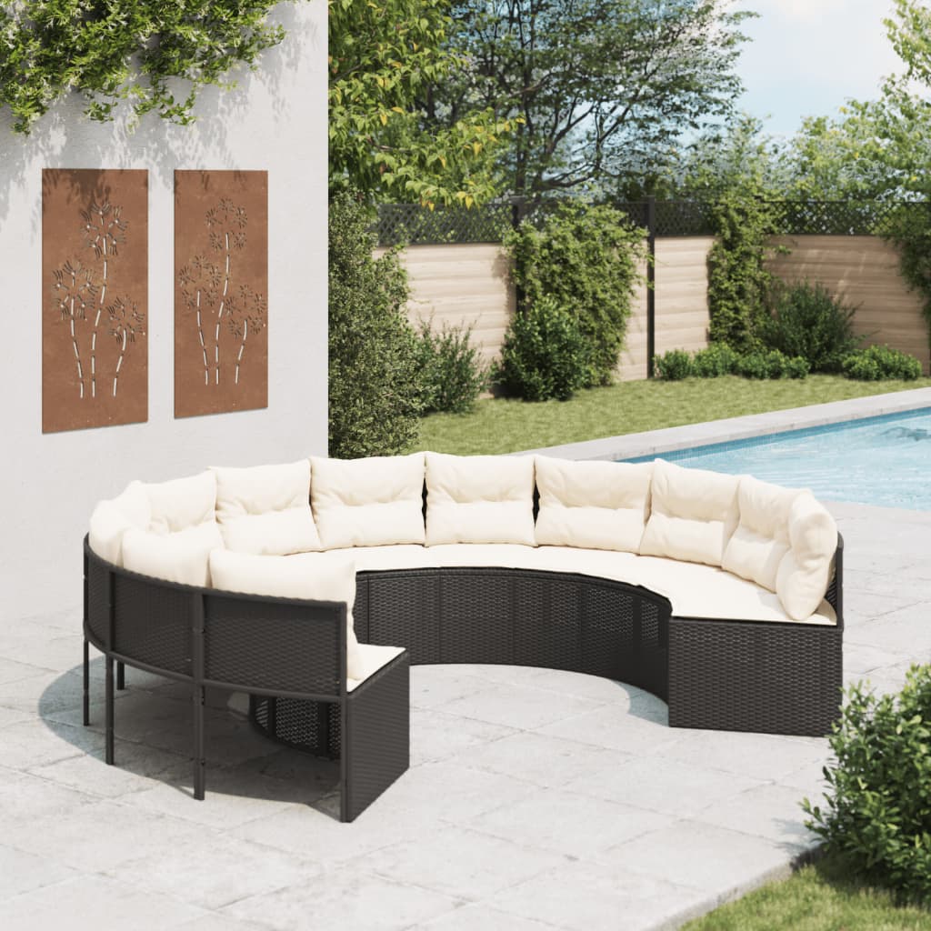 vidaXL Sofa ogrodowa z poduszkami, okrągła, czarny rattan PE