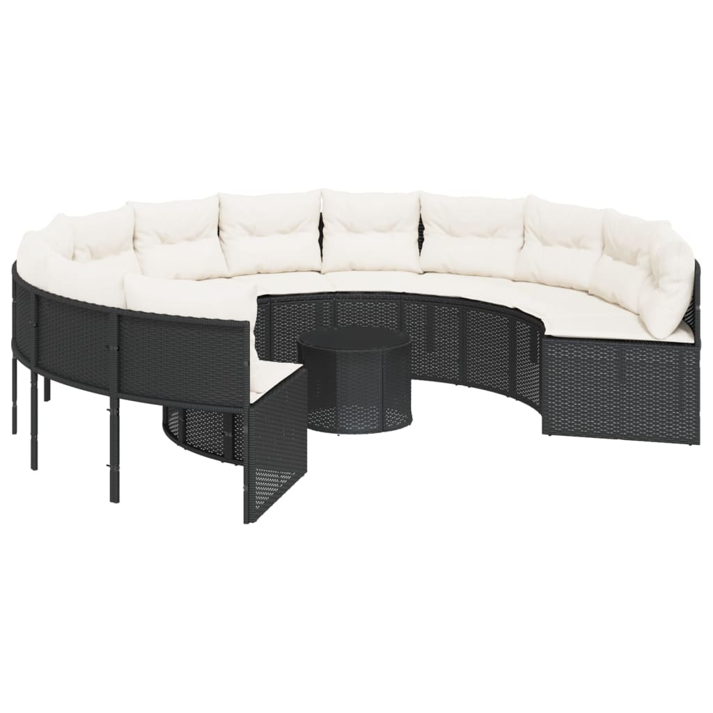 vidaXL Sofa ogrodowa, stolik i poduszki, okrągła, czarny polirattan