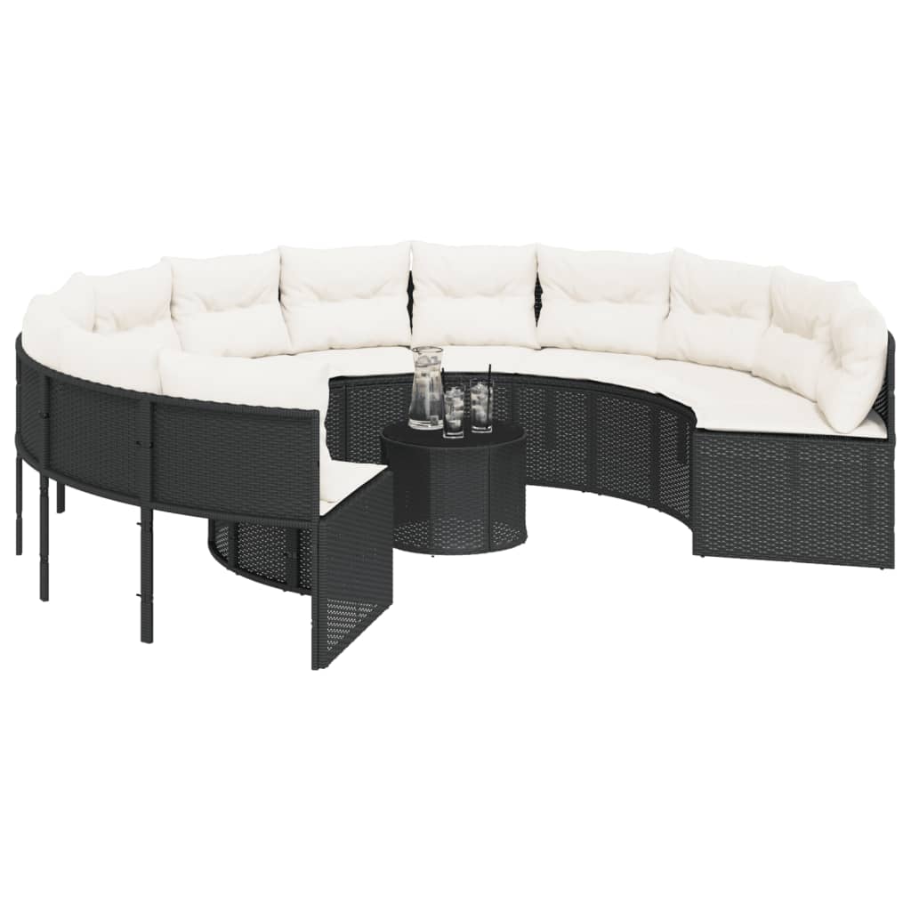 vidaXL Sofa ogrodowa, stolik i poduszki, okrągła, czarny polirattan