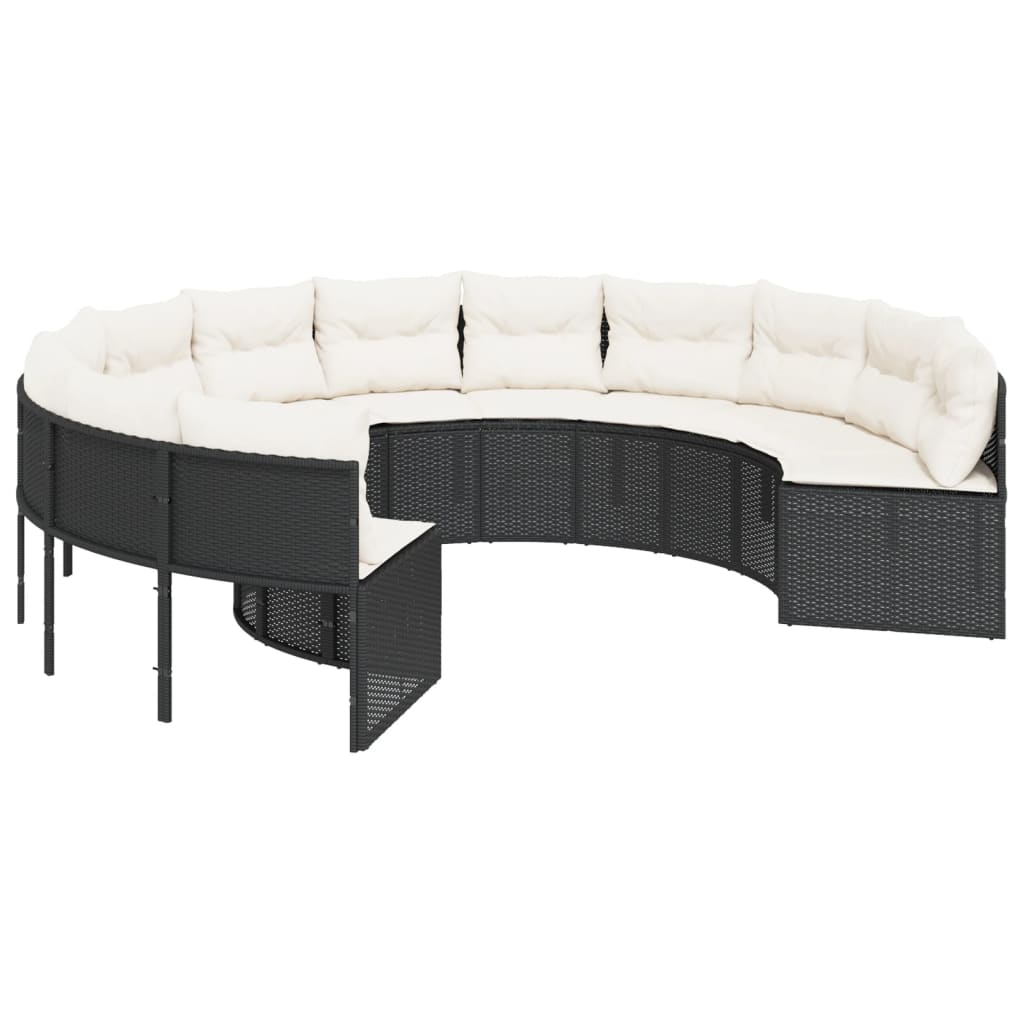 vidaXL Sofa ogrodowa, stolik i poduszki, okrągła, czarny polirattan