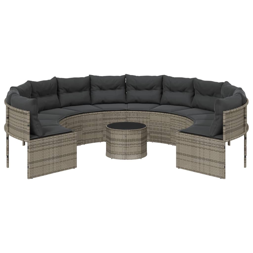 vidaXL Sofa ogrodowa, stolik i poduszki, okrągła, szary polirattan