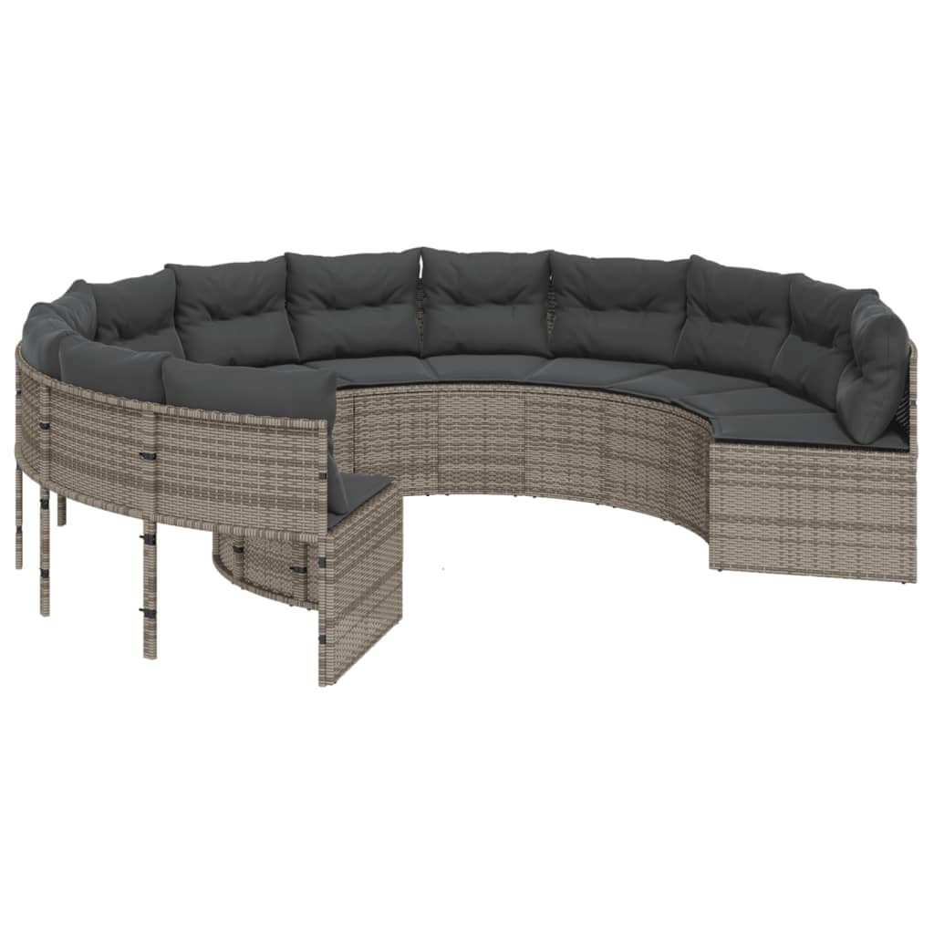 vidaXL Sofa ogrodowa, stolik i poduszki, okrągła, szary polirattan