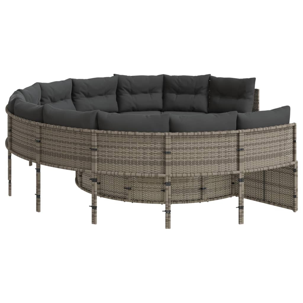 vidaXL Sofa ogrodowa, stolik i poduszki, okrągła, szary polirattan